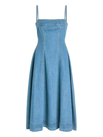 Paige square-neck flared midi denim dress - Blu