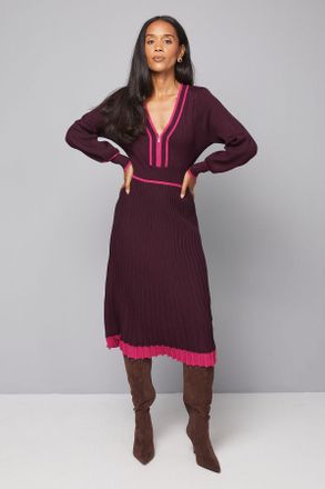 Wallis Womens Zip Front Pleated Knitted Midi Dress - Burgundy Viscose - Size X-Large