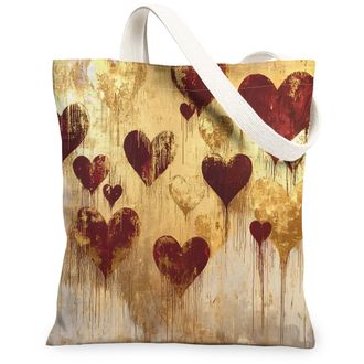 Generic Heart Pattern Canvas Tote Bags, Vintage Artistic Design Reusable Grocery Bags, Lightweight Washable Shoulder Strap Tote for Shopping Beach Travel 13x1