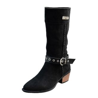 Generic Mid Calf Boots Lace Up High Heel 2025 Winter : Fleece Lined Suede Buckle Booties with Northwest Wind Design Wear Pile Booties & Retro Pointed Toe Wome
