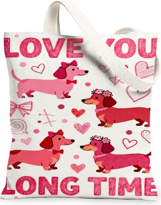 Generic ValentineS Day Love Canvas Tote Bags, Cute Dog Pattern Reusable Grocery Bags, Fanciful Romantic Lightweight Washable Shoul, Peach, 13x15 Inch