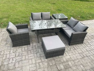 Fimous 6 Seater Wicker Rattan Garden Dining Set Outdoor Furniture Sofa with Dining Table Double Seat Sofa Big Footstool Side Table in Dark Grey