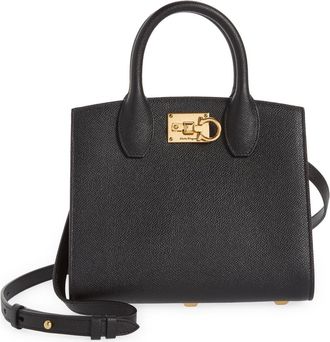 Ferragamo Studio Box Mini Leather Top-Handle Bag in Nero /Bonbon at Nordstrom