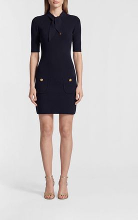 Elisabetta Franchi Knit Mini Dress with Pussy-Bow Collar and Pockets