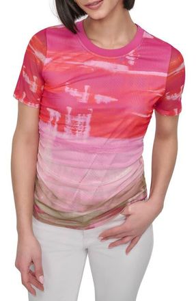 DKNY Print Ruched Mesh Top in Brushed Skyline at Nordstrom, Size X-Large