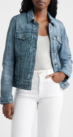 Mauritius Jessie Denim Look Leather Trucker Jacket in Teal at Nordstrom, Size 11