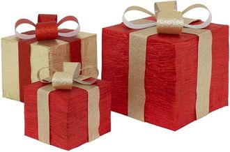 ECD Germany Ecd Germany - Set Decorativo De 3 Cajas De Regalo Navide&ntilde;o Con Luces 90 Leds Rojo-dorado Con Nieve, Figura De Iluminaci&oacute;n Para &Aacute;rbol De Navidad Blanco