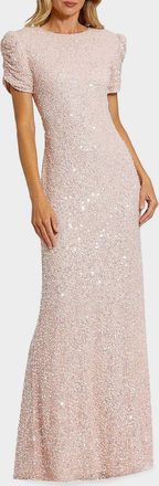 Mac Duggal Beaded Mesh Short-Sleeve Gown