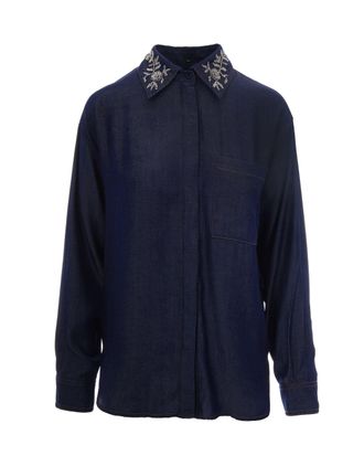 Liu Jo Chambray Denim Shirt with Removable Floral Embroidered Collar