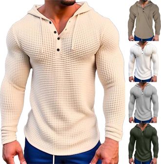 Generic Mens Waffle Hoodie Mens Gym Hoodie Muscle Fit Breathable Tracksuit Hoodies 1/4 Buttons Running Hoodies With Hood Bodybuilding Tops Drawstring Athletic