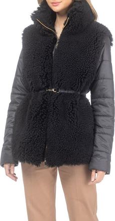 Gorski Genuine Shearling Jacket with Quilted Sleeves and Back, Belt in Black at Nordstrom, Size X-Small