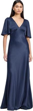 Ghost London Arabella Angel Sleeve Satin Maxi Dress in Navy at Nordstrom, Size 12