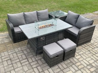 Fimous PE Wicker Outdoor Rattan Garden Furniture Set Propane Gas Fire Pit Table & Sofa set with Side Table 2 Small Footstools in Dark Grey