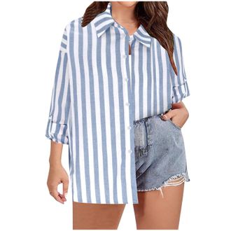 Generic Oversized Striped Blouses for Women Button Down Collared Long Sleeve Tops Lightweight Casual Loose Fit Shirts(Blue, XXXL)