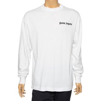 Palm Angels White Cotton Logo Printed Detail Long Sleeve Crewneck T-Shirt