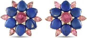 Luxury Bazaar Vintage 18K Yellow Gold Diamond, Lapis, and Pink Tourmaline Flower Earrings MF14-082025