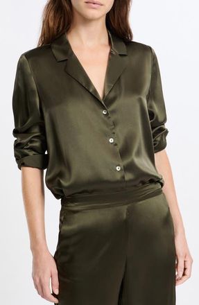 Etam Pearly Silk Chemise Button-Up Pajama Shirt in Kaki at Nordstrom, Size X-Large