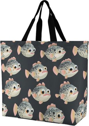 Generic Puffer Fish Reusable Shopping Bags One Shoulder Grocery Tote Bag Waterproof Big Purse for Work Travel