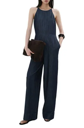 Mango Chambray Wide Leg Jumpsuit in Open Blue at Nordstrom, Size X-Small