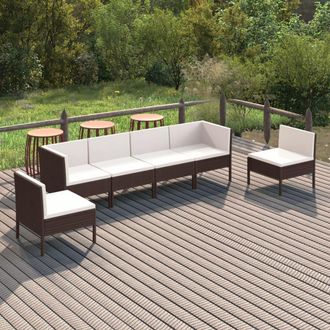 vidaXL Set Muebles De Jard&iacute;n 6 Pzas Y Cojines Rat&aacute;n Sint&eacute;tico Marr&oacute;n Vidaxl