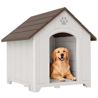 OEM Caseta Para Perros Exterior Casa Para Perros Grandes De Pl&aacute;stico Con 2 Ventanas Base Elevada Estacas Marr&oacute;n Oscuro
