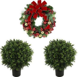 Creative Displays Inc. Modern Christmas Set With 26In Holiday Wreath & 2 Uv-Rated Boxwood Drop-Ins