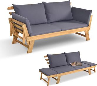 Costway Costway - Divano Letto 2 Posti da Esterno in Legno di Acacia con Braccioli Regolabili, Sdraio da Giardino con Cuscini, per Giardino, Piscina, Cortile