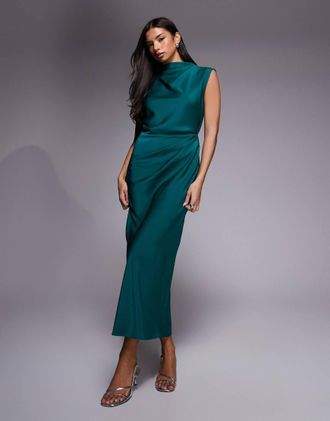 Asos Vestito midi in raso color verde-azzurro accollato con corpino a pieghe-Blu