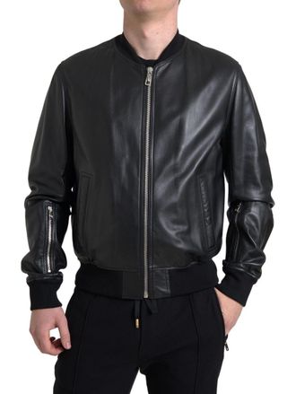Dolce & Gabbana Black Leather Full Zip Bomber Men Mens Jacket