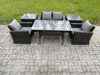 Fimous Wicker Outdoor Garden Furniture Set Patio Furniture Rattan Rectangular Dining Table Lounge Sofa in Dark Grey