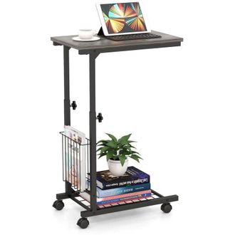 Costway Tavolino da Salotto Moderno, Tavolino Basso Regolabile in Altezza con Ruote e Cestino Portaoggetti, Tavolino Porta PC a Forma di C da Divano