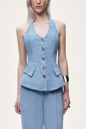 Nocturne Embellished Halter Neck Bustier Top in Blue at Nordstrom, Size X-Large