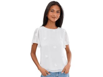 CeCe by Cynthia Steffe 3D Flower Applique Crew Neck Top Womens Clothing New Ivory : MD, Polyester