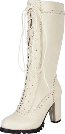 Generic Womens Mid Calf Boots Round Toe Super High Chunky Heel Platform With Side Zipper And Front Lace-Up Detail