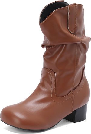 Generic Womens Retro Ruched Mid-Calf Boots with Round Toe Low Block Heels PU Leather Comfortable Anti-Slip Wear-Resistant for Daily Street Casual Party,Brown,