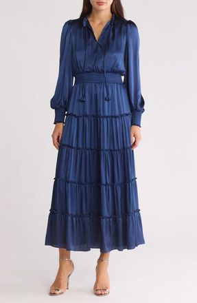 Halogen Satin Long Sleeve Tiered Maxi Dress in Mystic Navy at Nordstrom Rack, Size X-Large