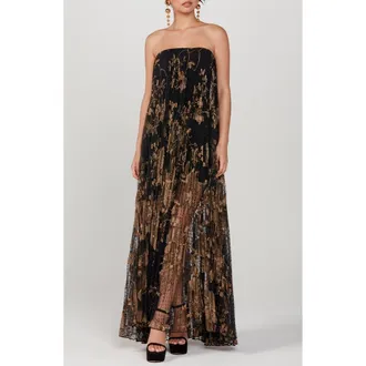 Helsi Delphanie Metallic Floral Strapless Pleated Gown in Black/Gold at Nordstrom Rack, Size Medium