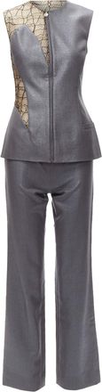 Versace GIANNI VERSACE Vintage Runway grey nude lace mesh illusion vest pants IT38 XS