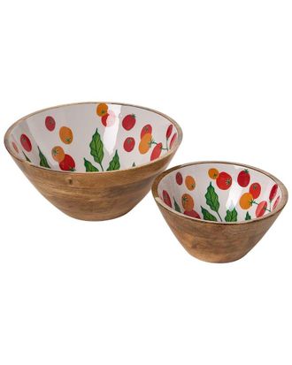 Two's Company Set Of 2 Garden Harvest Hand-Crafted Wood Bowls