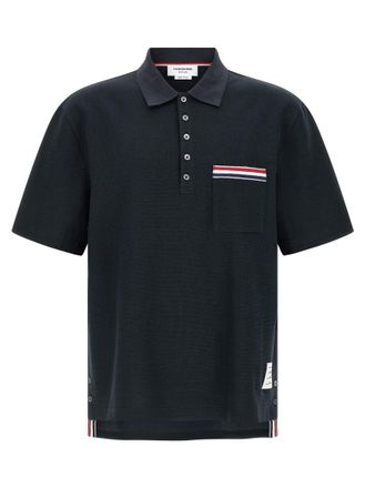 Thom Browne Navy Blue Stripe Embroidery Polo