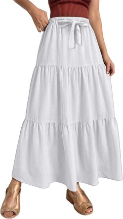 Generic Skort Carnival Womens Summer Linen Solid Color Sexy A Line Wrap Skirt with Drawstring Flowy Boho Ruffle High Waist Beach Long Skirt(White,S)