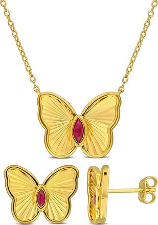 Mimi & Max 1/2ct TGW Created Ruby Butterfly Stud Jewelry Set Yellow Plated Sterling Silver