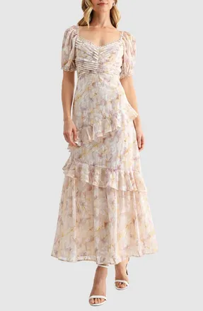 Mila Mae Floral Pleat Detail Ruffled Maxi Dress in Yellow Floral at Nordstrom, Size X-Small