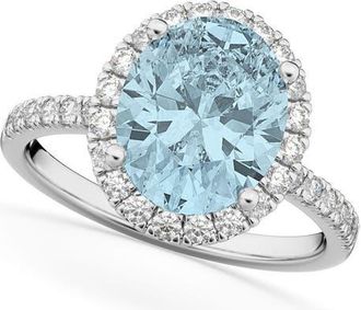 Allurez Oval Cut Halo Aquamarine & Diamond Engagement Ring 14K in 2.76Ct/white Gold at Nordstrom, Size 8.5
