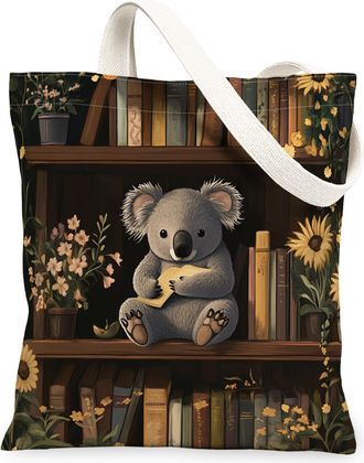 Generic Spring Koala Canvas Tote Bag for Shopping 13x15, Flower Bookshelf Animal Reusable Grocery Print Bag for Women, Fun Scenic Beach Aesthetic Painting Gif