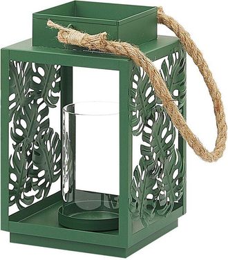 Beliani Linterna Verde De Altura 25 Cm Con Portavelas De Cristal Y Motivos En Forma De Hoja Unimak