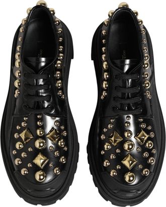 Dolce & Gabbana Womens Black Leather Jeweled Crystals Derby Shoes 100lf