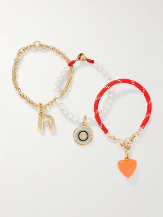 Roxanne Assoulin Set Di Tre Bracciali In Metallo Dorato E Cordoncino Con Perle Sintetiche, Cristalli E Smalto The Happy Heart Trio - Rosso