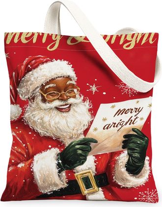 Generic Christmas Santa Canvas Tote Bags, Vintage Holiday Design Reusable Grocery Bags, Lightweight Washable Shoulder Strap Canvas, Red, 13x15 Inch