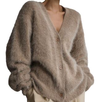Generic Womens Fuzzy Mohair Cardigan Sweater Elegant V Neck Long Sleeve Solid Color Button down Coats 2025 Fall Slouchy Furry Knit Sweaters Khaki XL